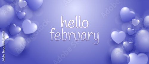 Realistic hello February banner template with flying hearts balloons in the color of the year 2022 color background