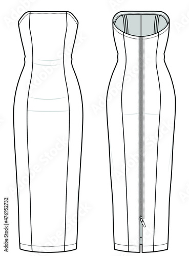 zip back bodycon tube dress flat sketch vector illustration front and back view template CAD mockup