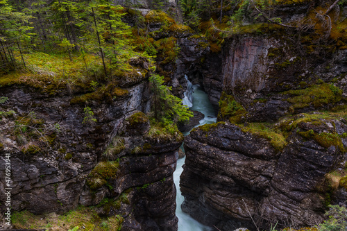 The Maligne River as it flows through the deep gorges of the Maligne Canyon in Jasper National Park in Alberta Canada