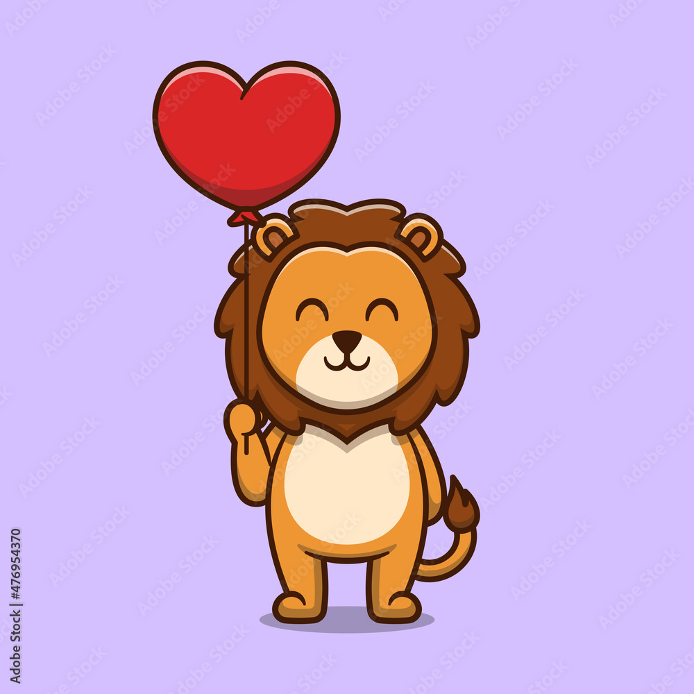Obraz premium Cute lion holding love balloon cartoon icon illustration