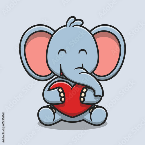 Cute elephant hugging love heart cartoon icon illustration