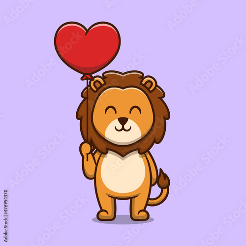 Cute lion holding love balloon cartoon icon illustration