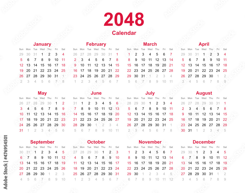 Calendar 2048 - 12 months yearly calendar - calendar planner template Calendar 2048 - 12 months yearly calendar - calendar planner template