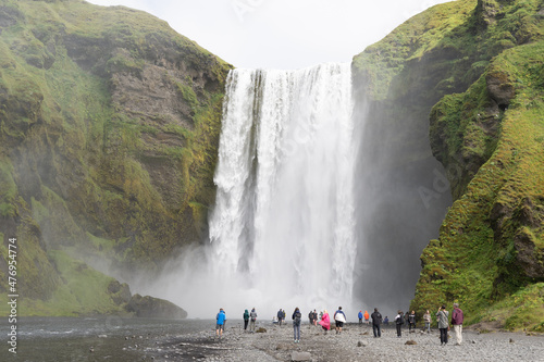 Beautiful aerial view of the huge Skogafoss waterfall and its rainbow in summer. Icelands Waterfal