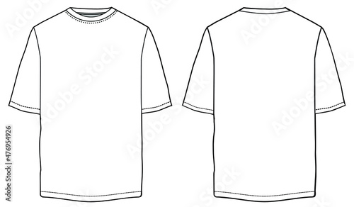 plain white t shirt mens, womens unisex crew neck short sleeve t shirt front and back view cad drawing vector illustration template