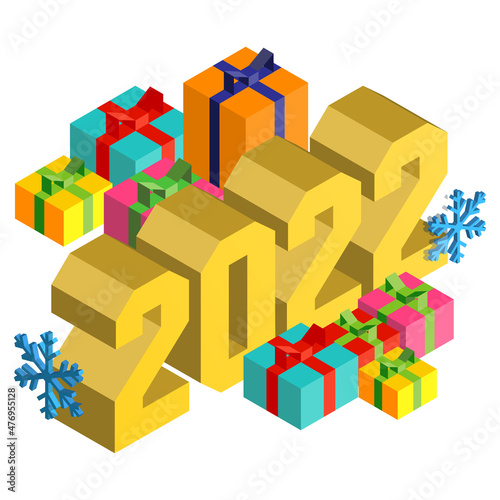 Isometric Christmas illustration with gold numbers 2022, snowflakes, and colorful gift boxes.