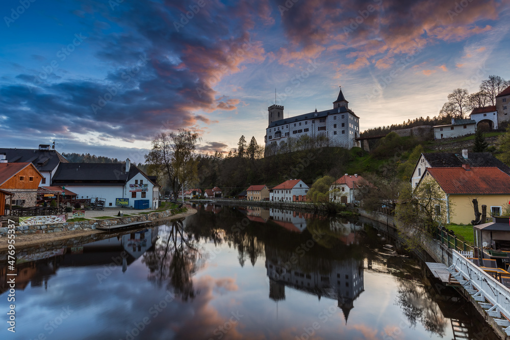 Rozmberk castle and city sunset, Czech republic