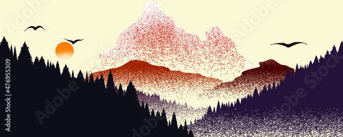 Mountain silhouettes with sun.  Peaks in sunset. Flock of birds . Brush strokes. Fog over mountain landscape . Summit and sunset logo .Vector