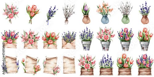 A set of spring flowers in wooden boxes, pots, envelopes. Lily, tulips, lavender. Great for stickers, postcards, decor and more.