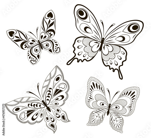 Vector background with the image set of black and white butterflies in the form of a tribal tattoo