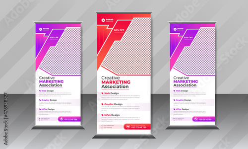 Creative business agency stands roll up banner design for exhibition marketing vector photo