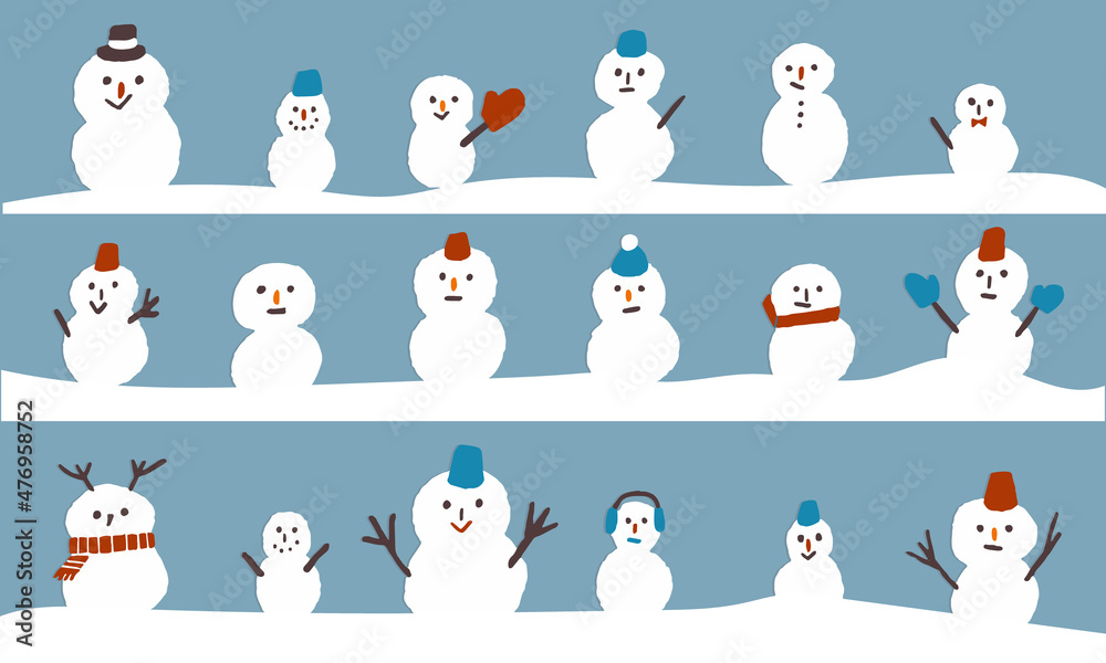 並ぶ雪だるまのイラスト Illustration of season's greeting, winter holiday. 並ぶ雪だるまのイラスト Illustration of season's greeting, winter holiday.