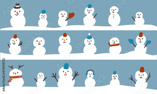 並ぶ雪だるまのイラスト  Illustration of season's greeting, winter holiday.