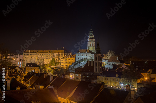 View of Cesky Krumlov at night, Czech Republic. UNESCO World Heritage Site.