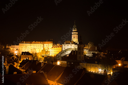 View of Cesky Krumlov at night, Czech Republic. UNESCO World Heritage Site.