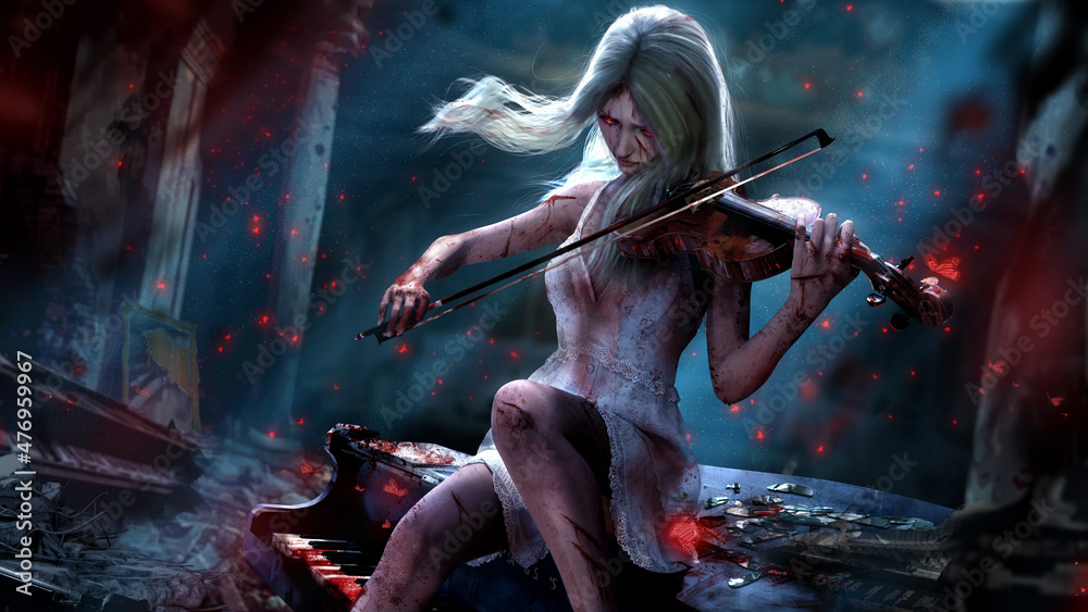 A touching vampire girl in a white dress plays the violin in the ruins of the theater sitting on old piano, she is wounded and her hands are elbow-deep in blood and tears in her red eyes. 3d rendering