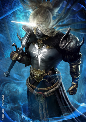 Fototapety Czarodziej   a-brutal-divine-warrior-with-black-skin-and-a-unicorn-horn-on-his-forehead-he-stands-with-a-sword-in-plate-armor-he-has-long-hair-and-white-shining-tattoos-a-mystical-blue-mist-around-3d-rendering