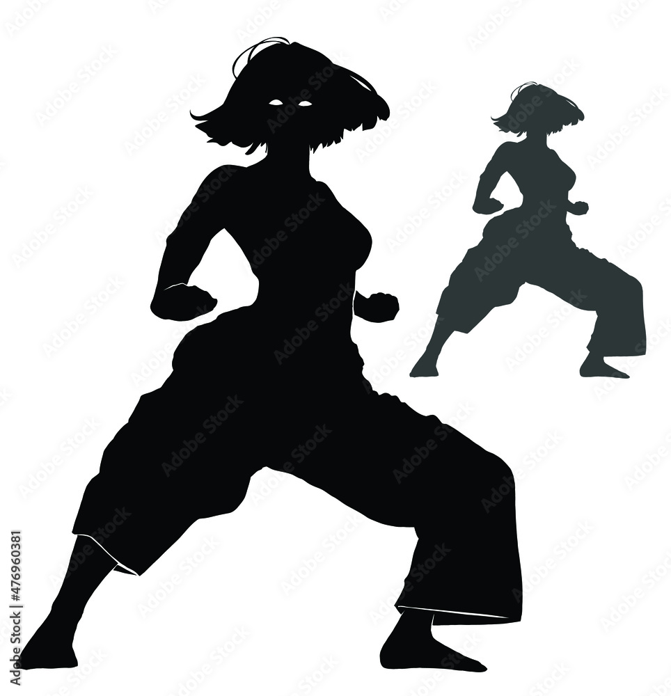 Vecteur Stock The black silhouette of a female martial artist, she stands  barefoot in a wide stance, one hand palm, the other clenched into a fist,  she has a fluttering square, she