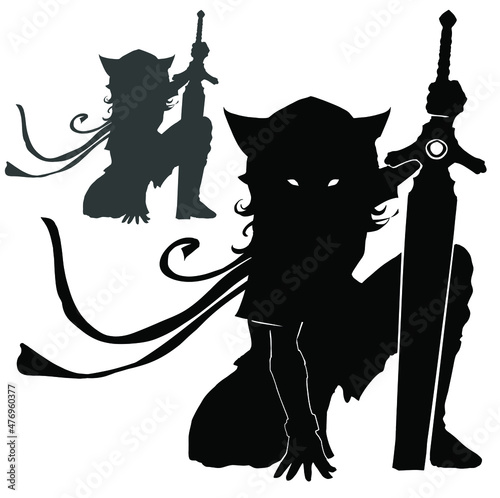 The black silhouette of a wolf boy, he is sitting leaning on his knee touching the ground with his fingers, and with his other hand he is holding a huge sword, he is wearing a hood and a scarf.2d art