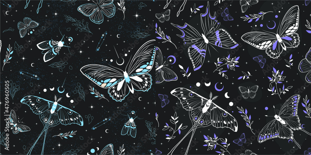 Set of seamless patterns with moths. Vector graphics. Contemporary composition. Trendy texture for print, textile, packaging. - obrazy, fototapety, plakaty 