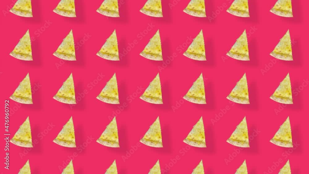 Colorful pattern of pizza isolated on red background with shadows. Seamless pattern with pizza slices. Top view. Realistic animation. 4K video motion Colorful pattern of pizza isolated on red background with shadows. Seamless pattern with pizza slices. Top view. Realistic animation. 4K video motion
