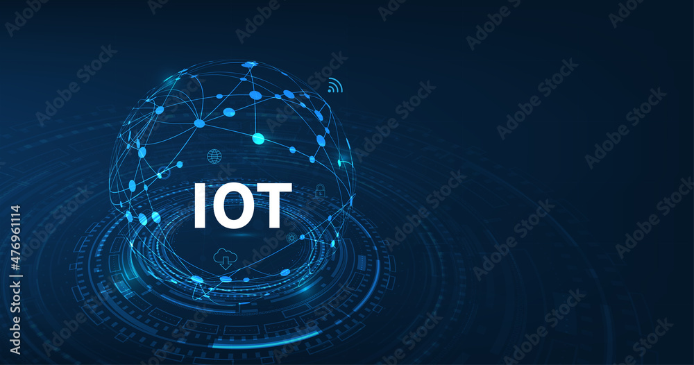 Internet Of Things (IOT) Concept.Big Data Cloud Computing Network Of Physical Devices With Secure Network Connectivity on dark blue color background.