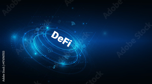 DeFi -Decentralized Finance on dark blue abstract background. Concept of blockchain, decentralized financial, cryptocurrency, and digital asset.