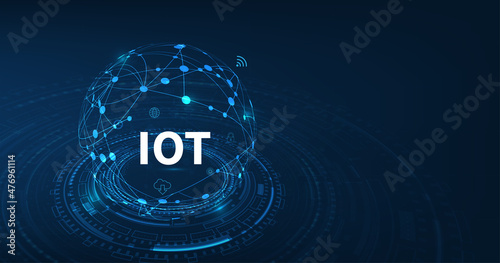 Internet Of Things (IOT) Concept.Big Data Cloud Computing Network Of Physical Devices With Secure Network Connectivity on dark blue color background. photo
