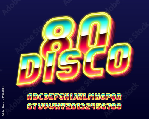 Disco 80 alphabet font. Glow letters and numbers. Stock vector typescript for your typography in retro 80s style.