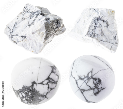 set of various howlite stones cutout on white photo