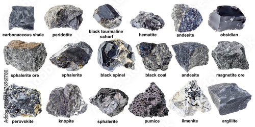 various unpolished black rocks with names cutout