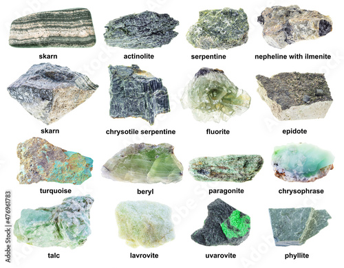 set of various rough green minerals with names - Stock Photo