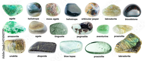 set of various rolled green rocks with names photo