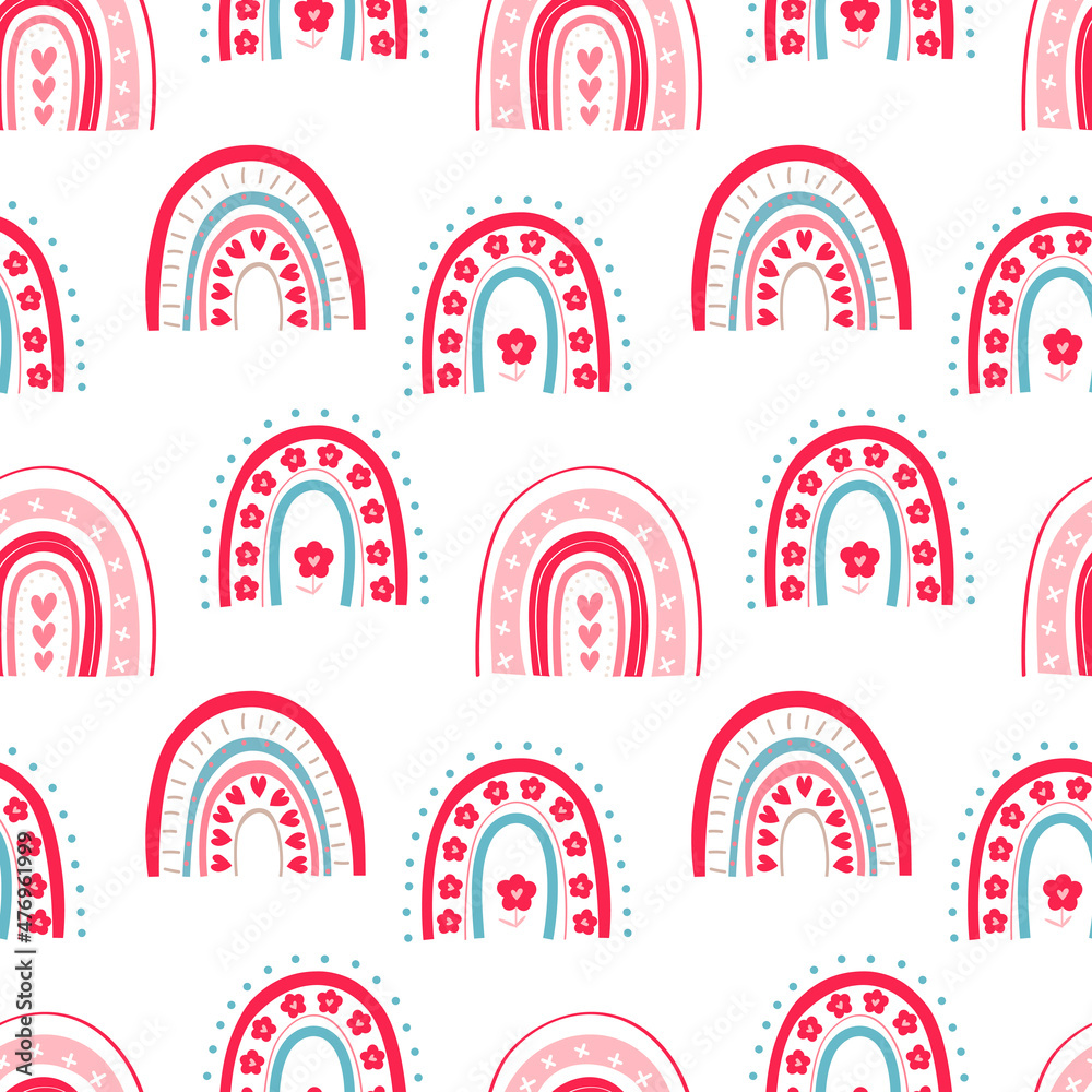 Pink rainbow with flowers and heart. Seamless vector pattern Pink rainbow with flowers and heart. Seamless vector pattern