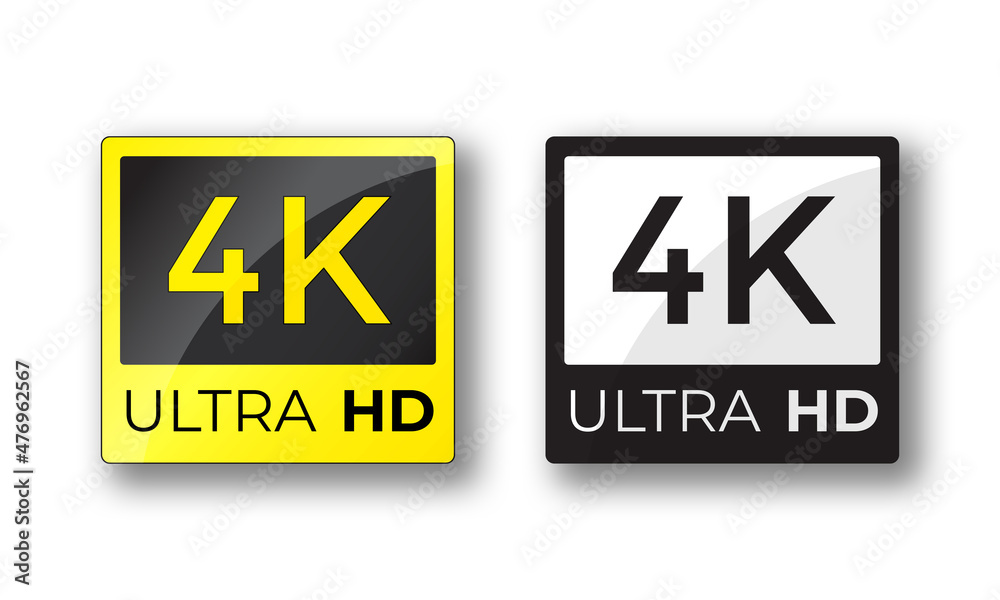 Yellow and black 4K Ultra HD video resolution icon design. 4k high definition vector illustration isolated on white background. Can be used for TV or monitor screen display label Yellow and black 4K Ultra HD video resolution icon design. 4k high definition vector illustration isolated on white background. Can be used for TV or monitor screen display label