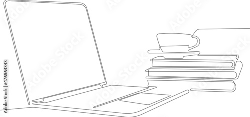 Continuous line drawing of a desktop with modern devices and office stationery. Workspace. Home workplace. Phone and laptop on table decorated with room flower, statuette. Vector illustration