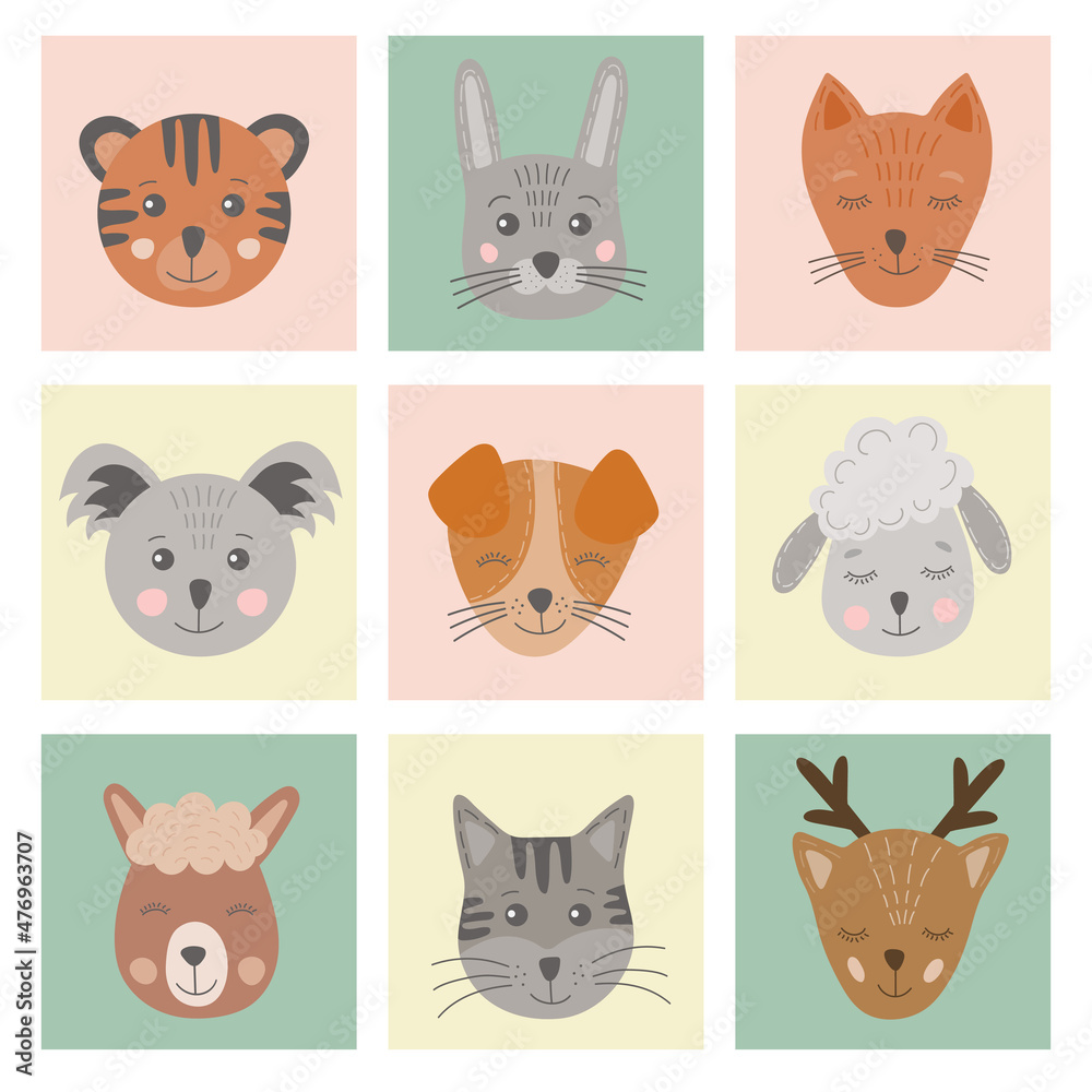 Set of cute hand drawn animals faces. Simple animal portraits - tiger, hare, fox, koala, dog, cat, deer. Colorful vector illustration for cards, clothes, nursery poster for baby in Scandinavian style.