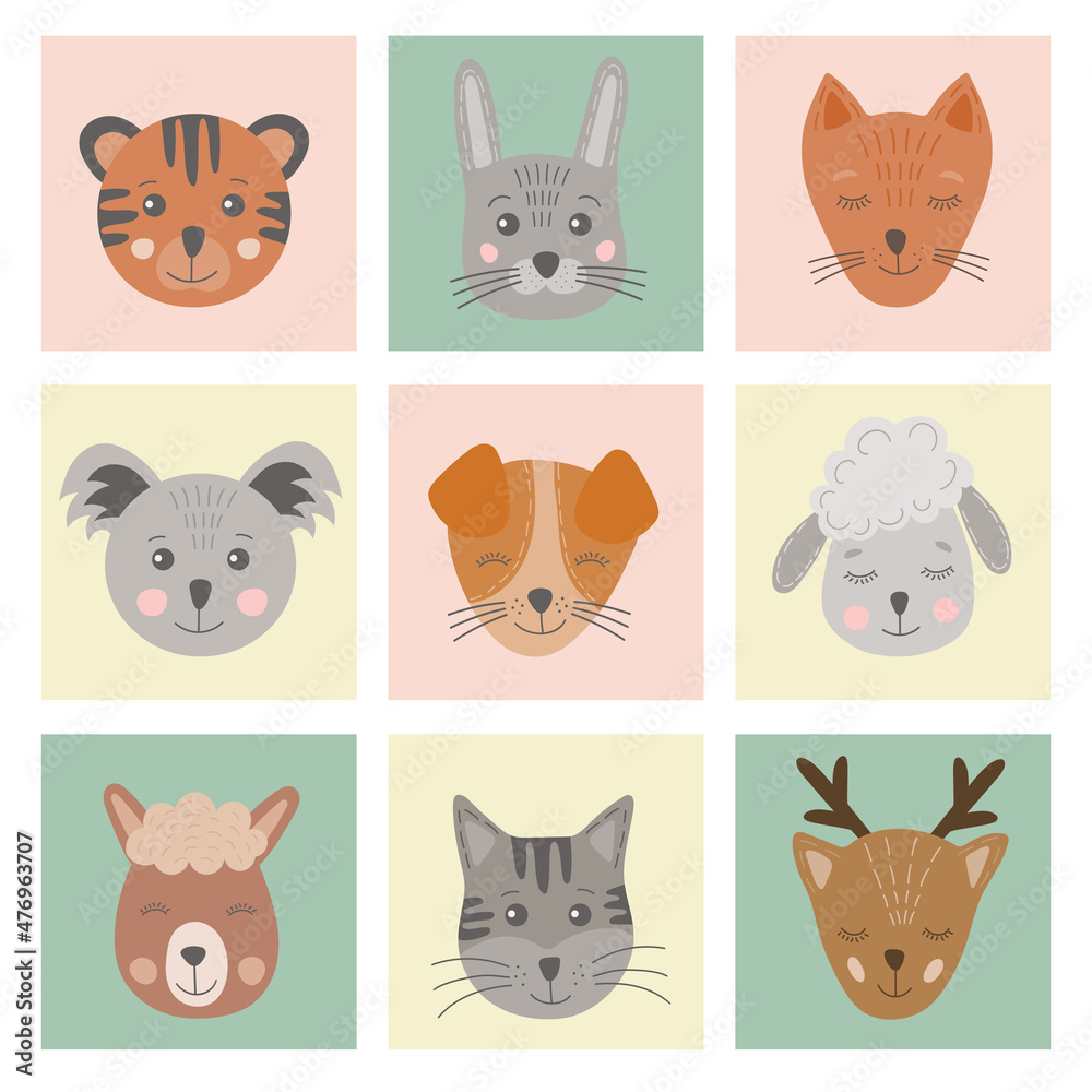 Set of cute hand drawn animals faces. Simple animal portraits - tiger, hare, fox, koala, dog, cat, deer. Colorful vector illustration for cards, clothes, nursery poster for baby in Scandinavian style. Set of cute hand drawn animals faces. Simple animal portraits - tiger, hare, fox, koala, dog, cat, deer. Colorful vector illustration for cards, clothes, nursery poster for baby in Scandinavian style.
