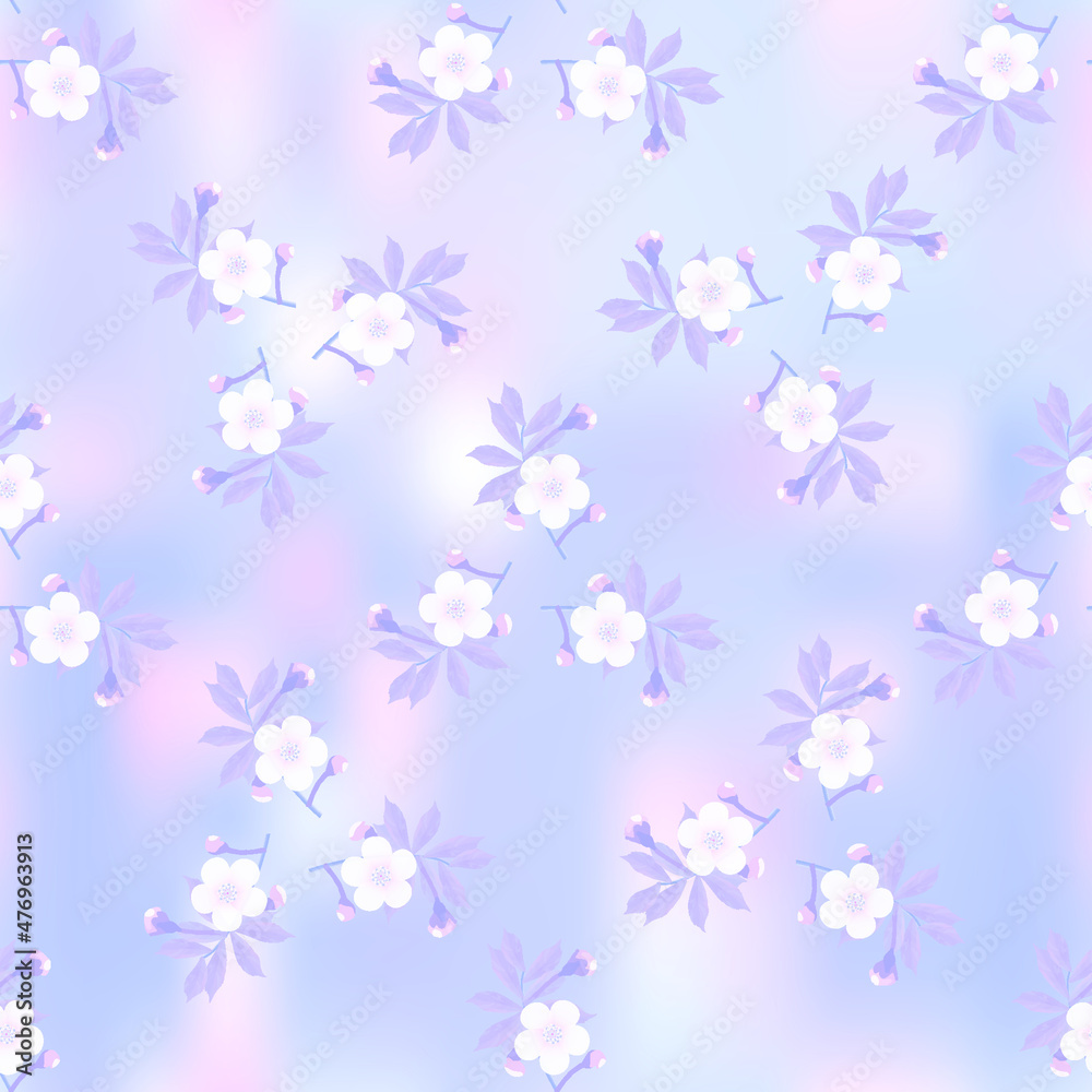 Triangular pattern of cherry blossoms in misty haze of light blue abstract sky, geometric pattern, seamless texture, vector Triangular pattern of cherry blossoms in misty haze of light blue abstract sky, geometric pattern, seamless texture, vector