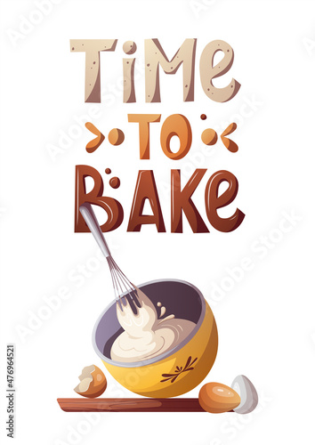 The process of baking. Whipping cream with a whisk. Baking, bakery shop, cooking, sweet products, dessert, pastry concept. Vector illustration for poster, banner, card, postcard.