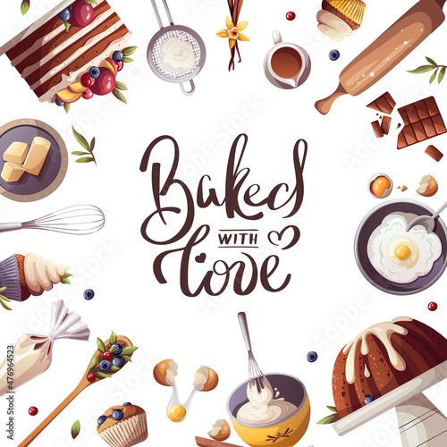 Card for baking, bakery shop, cooking, sweet products, dessert, pastry. Square Vector illustration for poster, banner, card, postcard, cover, menu, advertising.