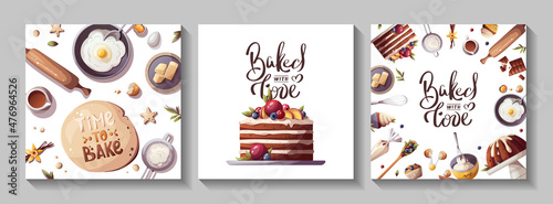 Set of cards or banners for baking, bakery shop, cooking, sweet products, dessert, pastry. Square Vector illustration for poster, banner, card, postcard, cover, menu, advertising.
