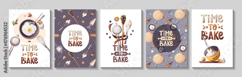 Set of cards or banners for baking, bakery shop, cooking, sweet products, dessert, pastry. A4 Vector illustration for poster, banner, card, postcard, cover, menu, advertising.