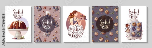 Set of cards or banners for baking, bakery shop, cooking, sweet products, dessert, pastry. A4 Vector illustration for poster, banner, card, postcard, cover, menu, advertising.