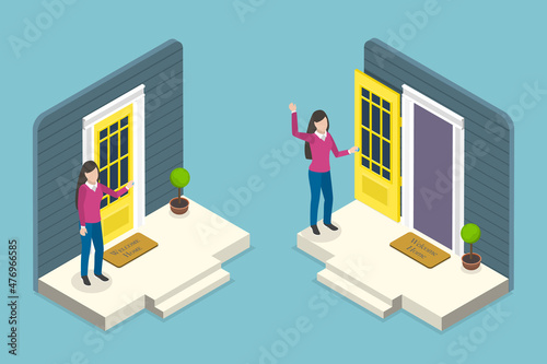 3D Isometric Flat Vector Conceptual Illustration of House Entrance, Female Character in Scenes of Opening and Closing the Door