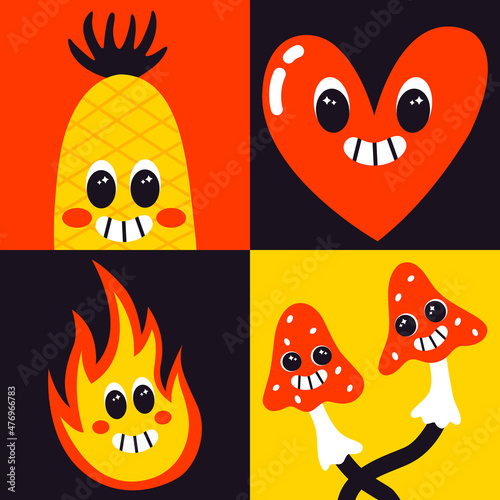 Vector collection of abstract fun posters with cartoon bizarre characters. Psychedelic comic faces with smile. Retro pineapple, heart, fire, mushrooms colorful illustration