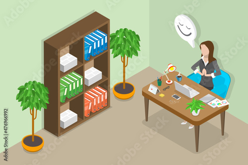 3D Isometric Flat Vector Conceptual Illustration of Desk Yoga, Meditating to Concentrate at Office