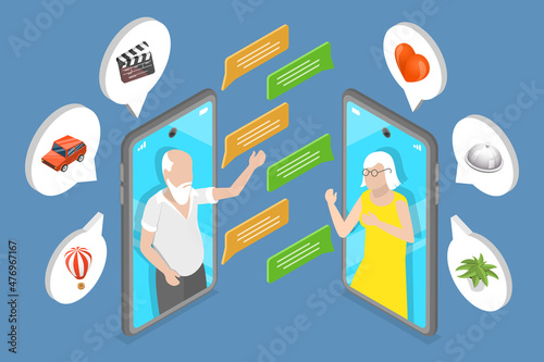 3D Isometric Flat Vector Conceptual Illustration of Video Calling App For Seniors, Online Relationship