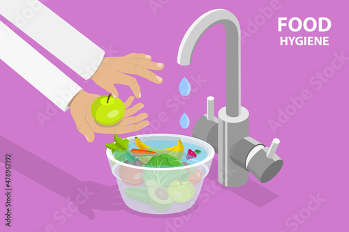 3D Isometric Flat Vector Conceptual Illustration of Food Hygiene, Washing Vegetables and Fruits