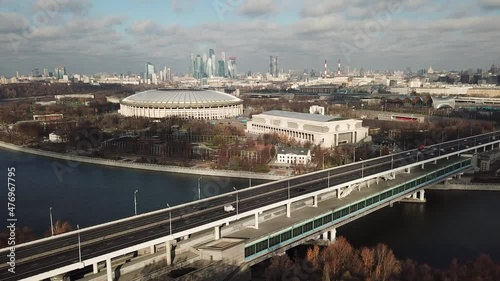 view of the Luzhniki stadium, river and highway